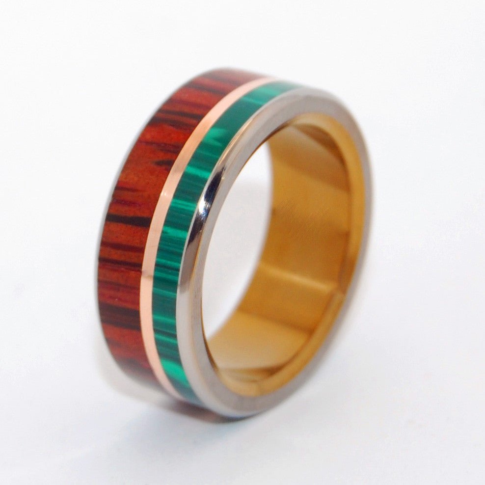 Alpha Bronze Horseman | Men's Malachite Stone, Bronze, Cocobolo Wood & Titanium Wedding Ring - Minter and Richter Designs