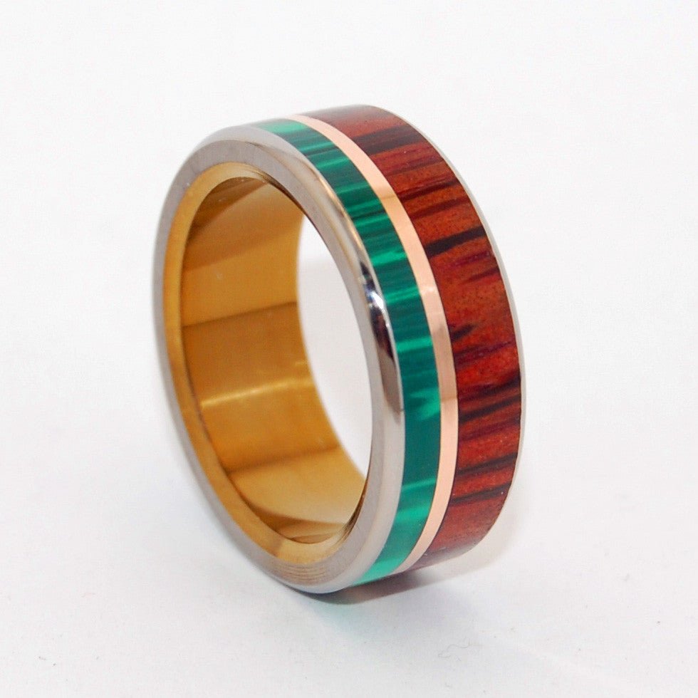 Alpha Bronze Horseman | Men's Malachite Stone, Bronze, Cocobolo Wood & Titanium Wedding Ring - Minter and Richter Designs