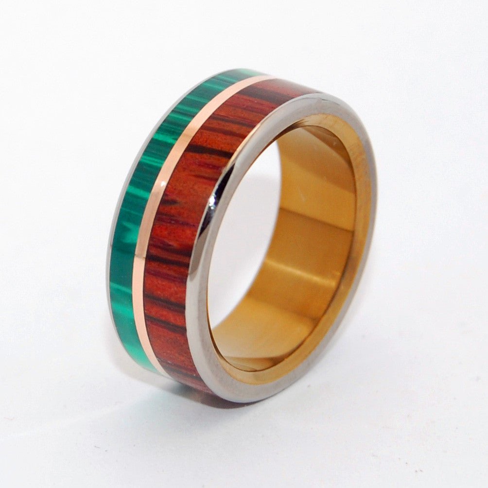 Alpha Bronze Horseman | Men's Malachite Stone, Bronze, Cocobolo Wood & Titanium Wedding Ring - Minter and Richter Designs