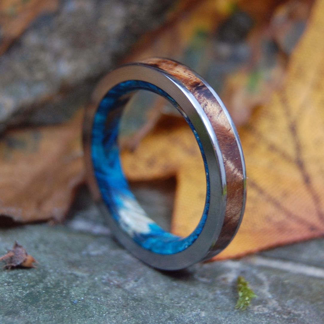 Anastasius | Men's Blue Box Elder Wood, Hawaiian Koa Wood & Titanium Wedding Ring - Minter and Richter Designs