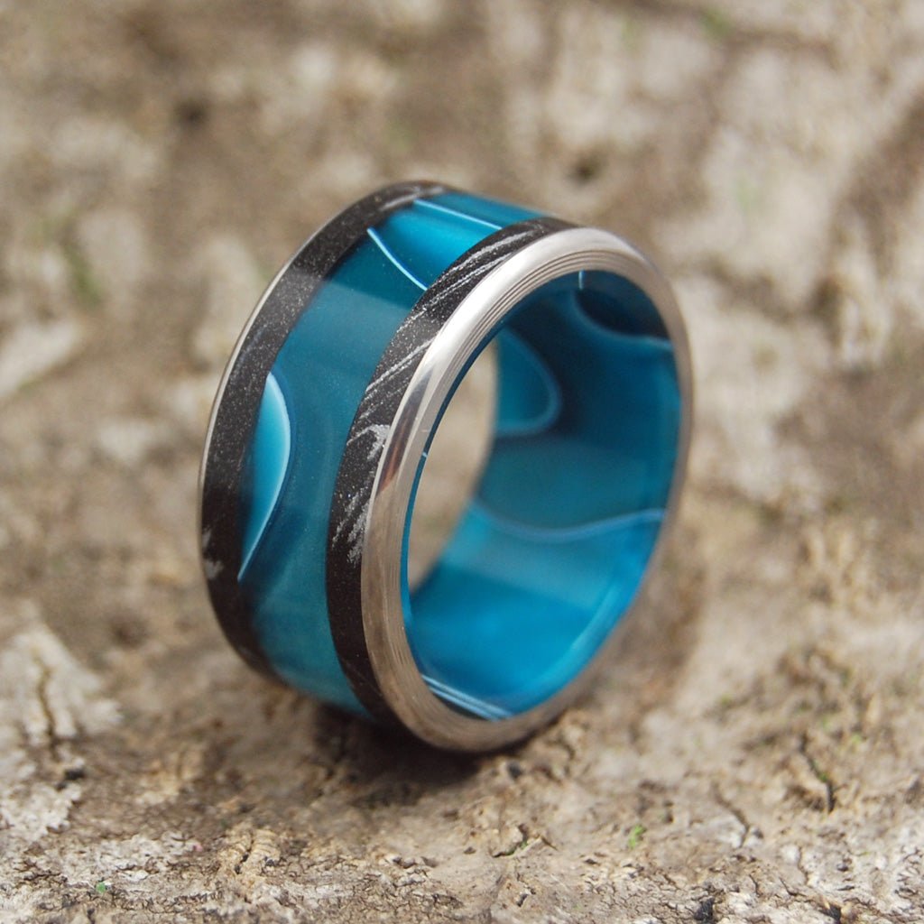 Aquatic Wander | Men's Aquatic Resin, Black Silver M3 Mokume Gane & Titanium Wedding Ring - Minter and Richter Designs