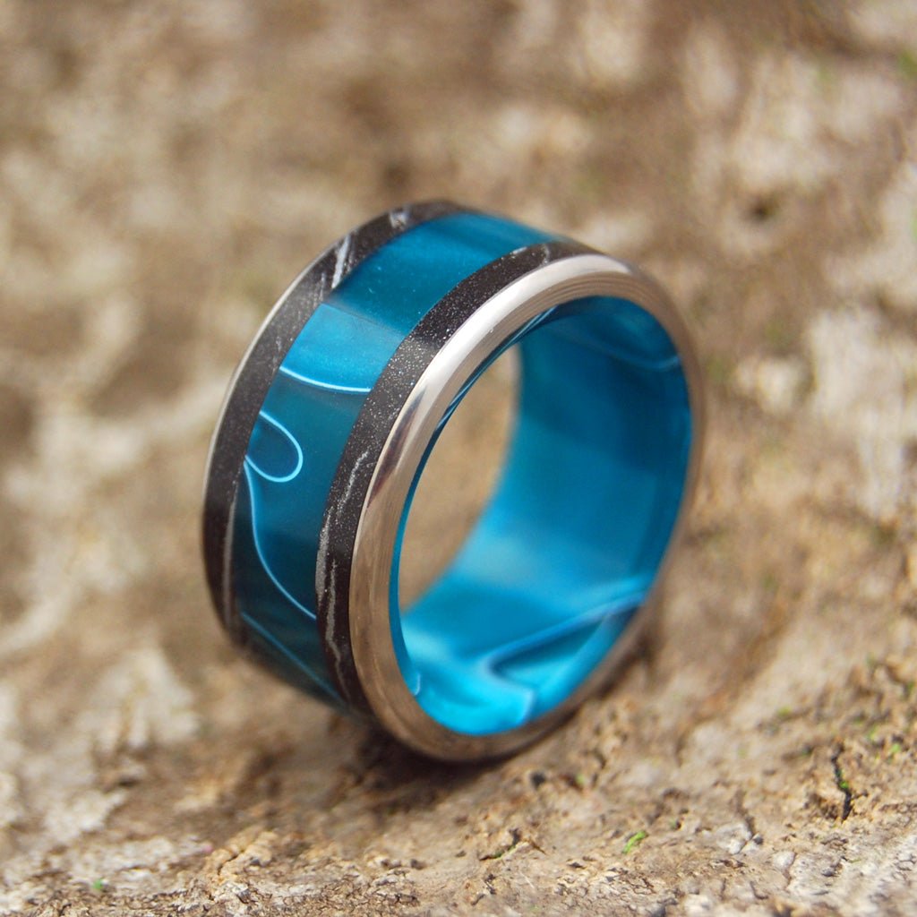 Aquatic Wander | Men's Aquatic Resin, Black Silver M3 Mokume Gane & Titanium Wedding Ring - Minter and Richter Designs