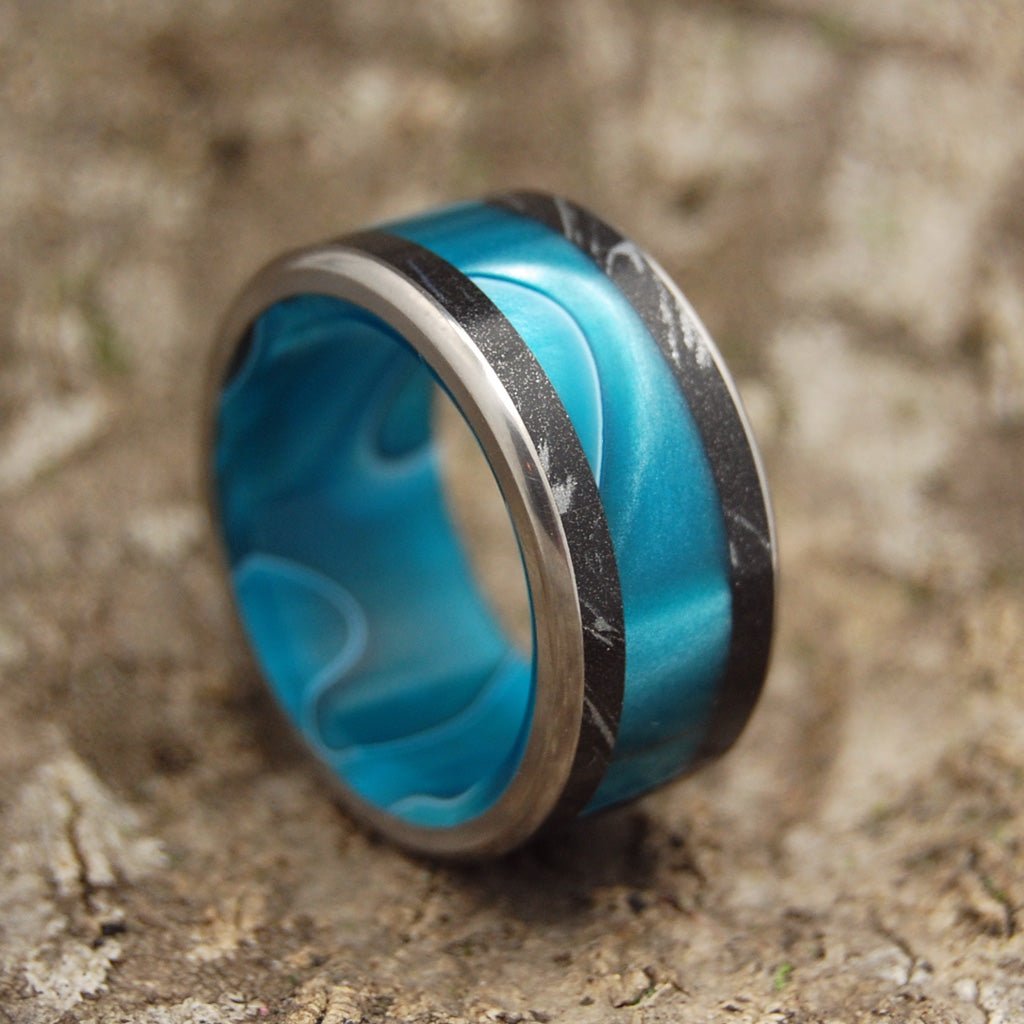 Aquatic Wander | Men's Aquatic Resin, Black Silver M3 Mokume Gane & Titanium Wedding Ring - Minter and Richter Designs