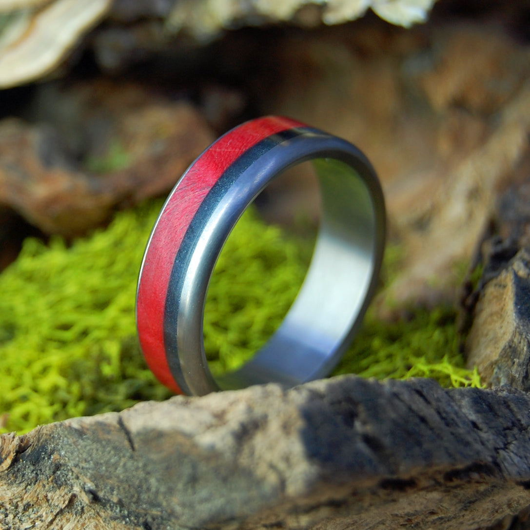 ARCHANGEL | Box Elder Wood & Black Marble Titanium Wedding Rings - Minter and Richter Designs