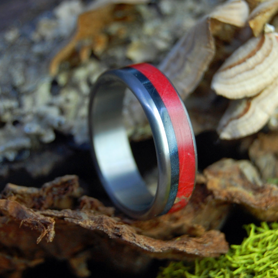 ARCHANGEL | Box Elder Wood & Black Marble Titanium Wedding Rings - Minter and Richter Designs