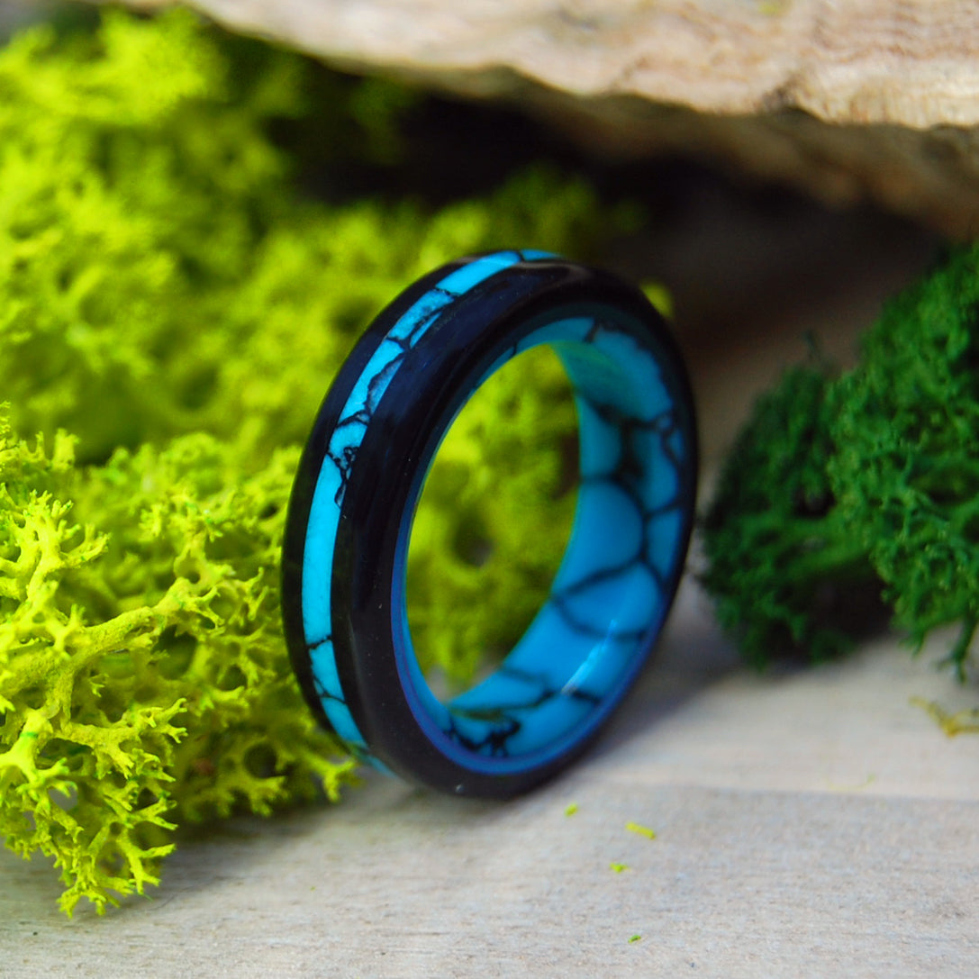 ARIZONA TURQUOISE IN AN ONYX NIGHT | Stone & Titanium Wedding Rings - Minter and Richter Designs