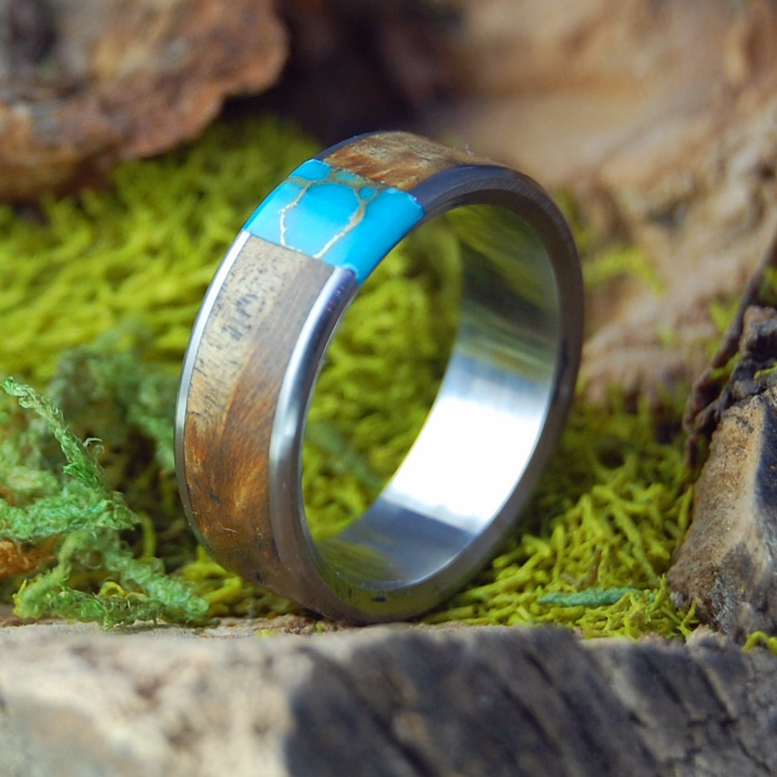 Artist Of Tibet | Men's Box Elder Wood, Tibetan Turquoise & Titanium Wedding Ring - Minter and Richter Designs