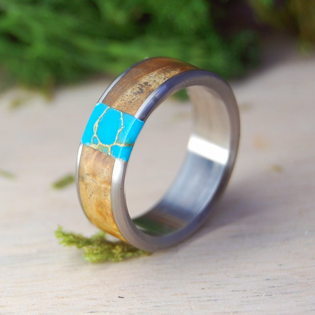 Artist Of Tibet | Men's Box Elder Wood, Tibetan Turquoise & Titanium Wedding Ring - Minter and Richter Designs