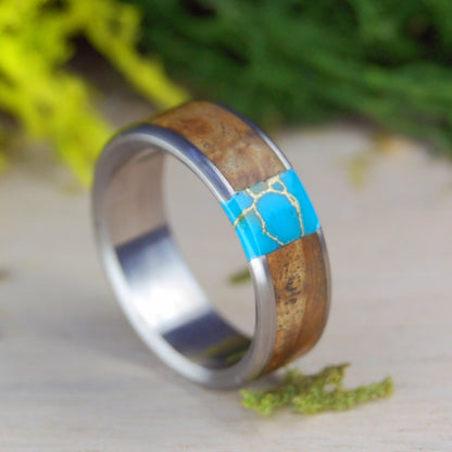 Artist Of Tibet | Men's Box Elder Wood, Tibetan Turquoise & Titanium Wedding Ring - Minter and Richter Designs