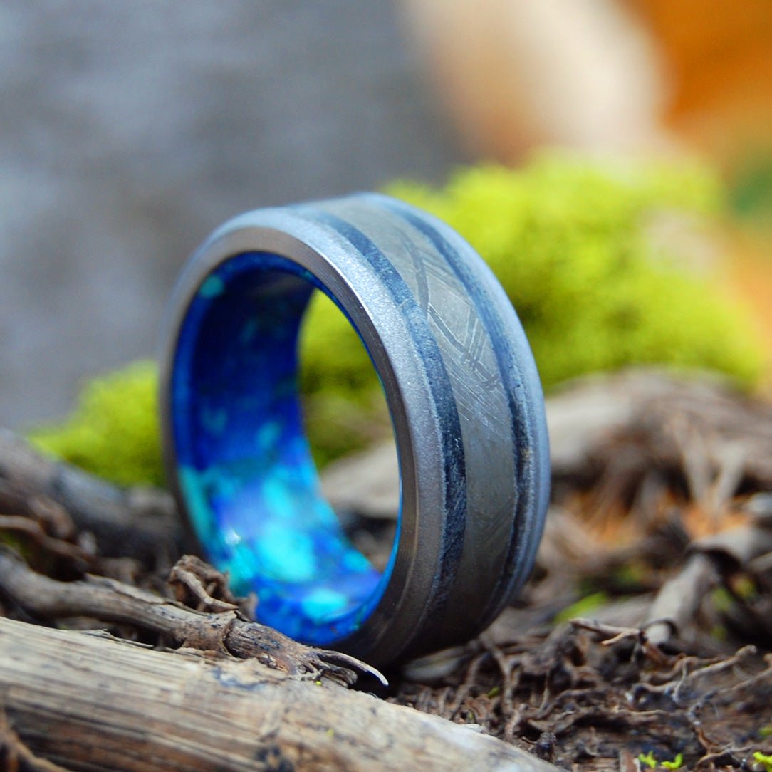 As Old As Time | Men's Meteorite, T - Rex Tooth, Azurite Malachite & Titanium Wedding Ring - Minter and Richter Designs