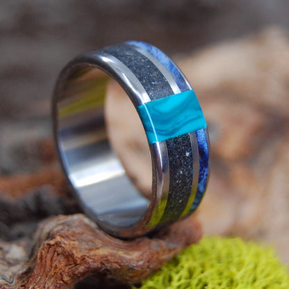 Aurora Over Iceland | Men's Blue Box Elder Wood, Icelandic Sand & Titanium Wedding Ring - Minter and Richter Designs