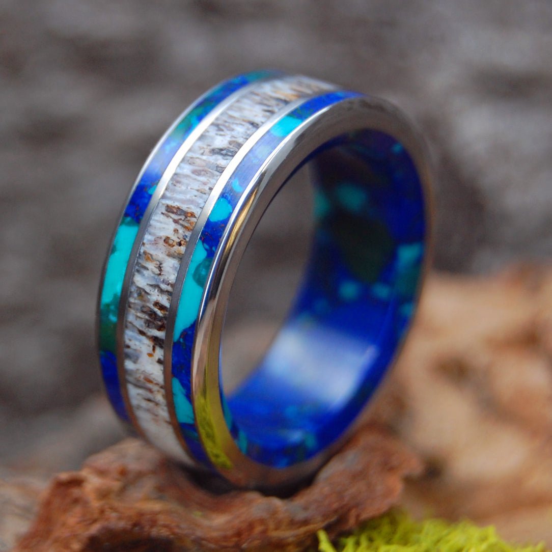 Azurite Moose Off Maine | Men's Azurite, Moose Antler & Titanium Wedding Ring - Minter and Richter Designs