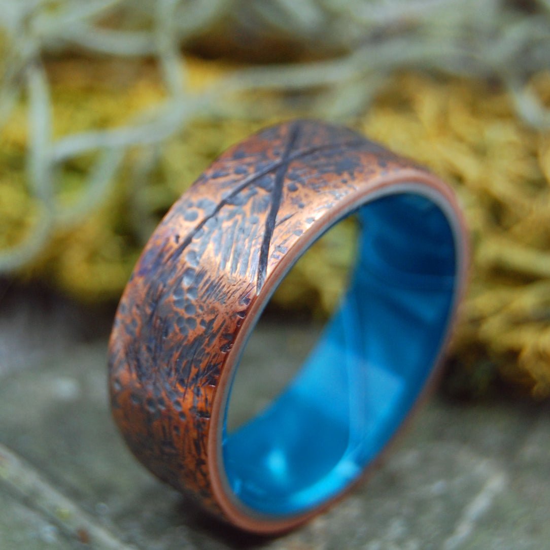 Beaten Copper Aquatic | Men's Copper, Aquatic Resin & Titanium Wedding Ring - Minter and Richter Designs