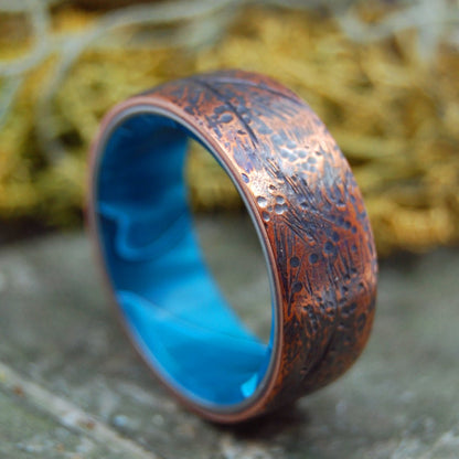 Beaten Copper Aquatic | Men's Copper, Aquatic Resin & Titanium Wedding Ring - Minter and Richter Designs