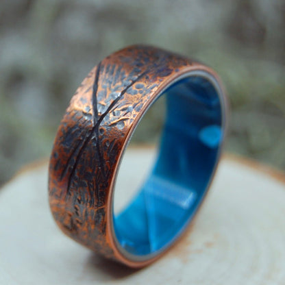 Beaten Copper Aquatic | Men's Copper, Aquatic Resin & Titanium Wedding Ring - Minter and Richter Designs