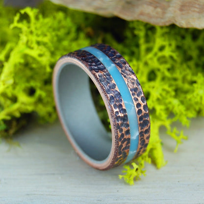 Beaten Copper Larimar | Men's Larimar Stone, Copper & Titanium Wedding Ring - Minter and Richter Designs