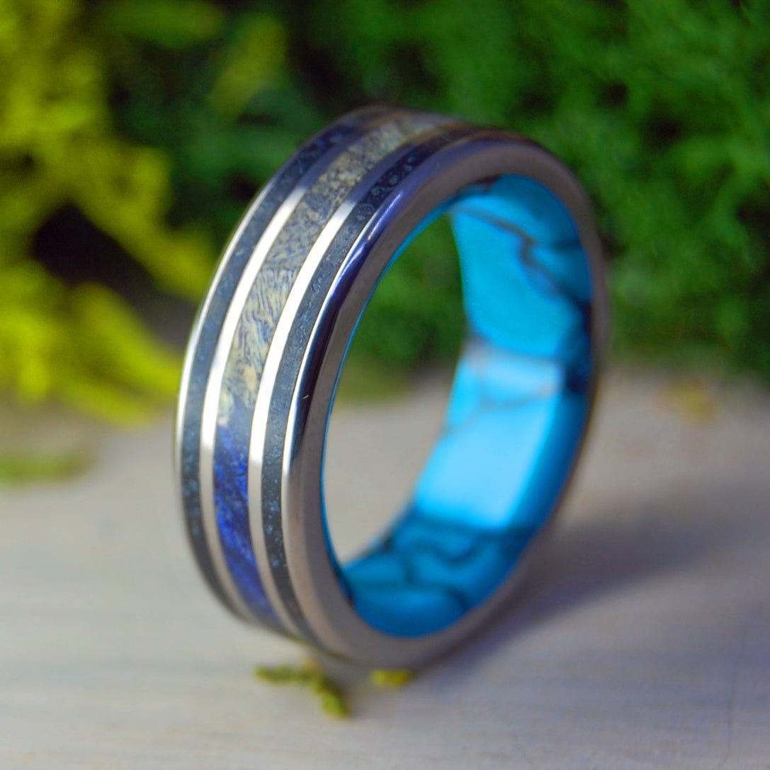 Beaver Hill Mine Oregon | Men's Beach Sand, Turquoise, Box Elder Wood & Titanium Wedding Ring - Minter and Richter Designs