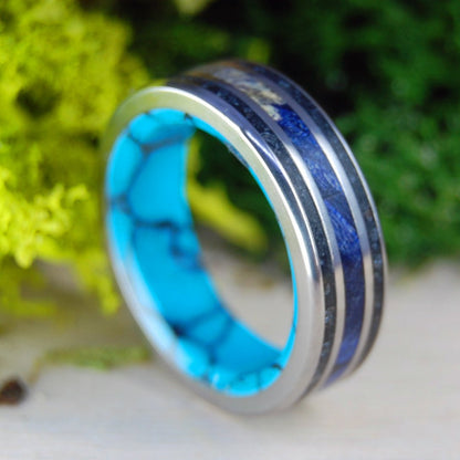 Beaver Hill Mine Oregon | Men's Beach Sand, Turquoise, Box Elder Wood & Titanium Wedding Ring - Minter and Richter Designs