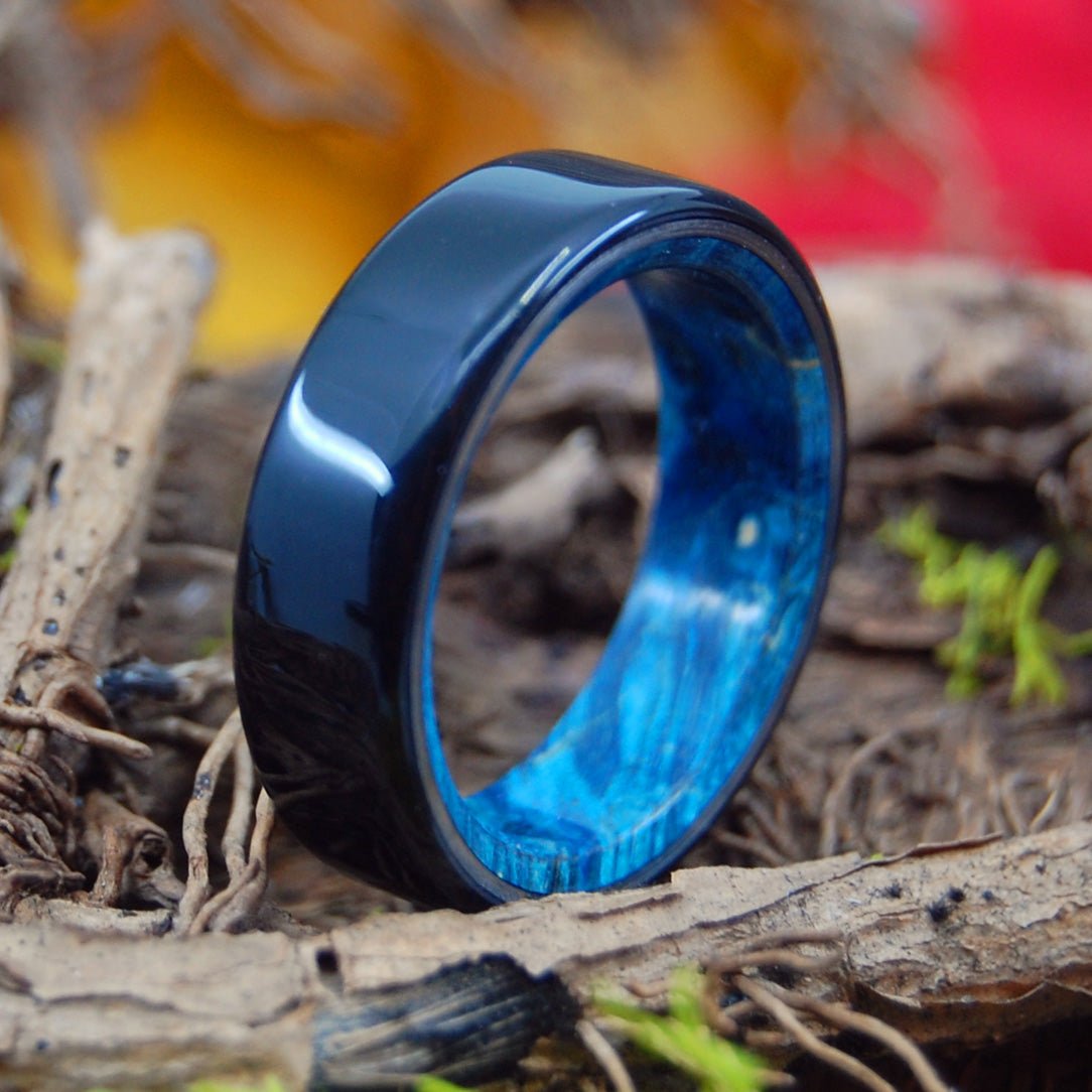 Best Love | Men's Black Onyx, Blue Box Elder Wood & Titanium Wedding Ring - Minter and Richter Designs