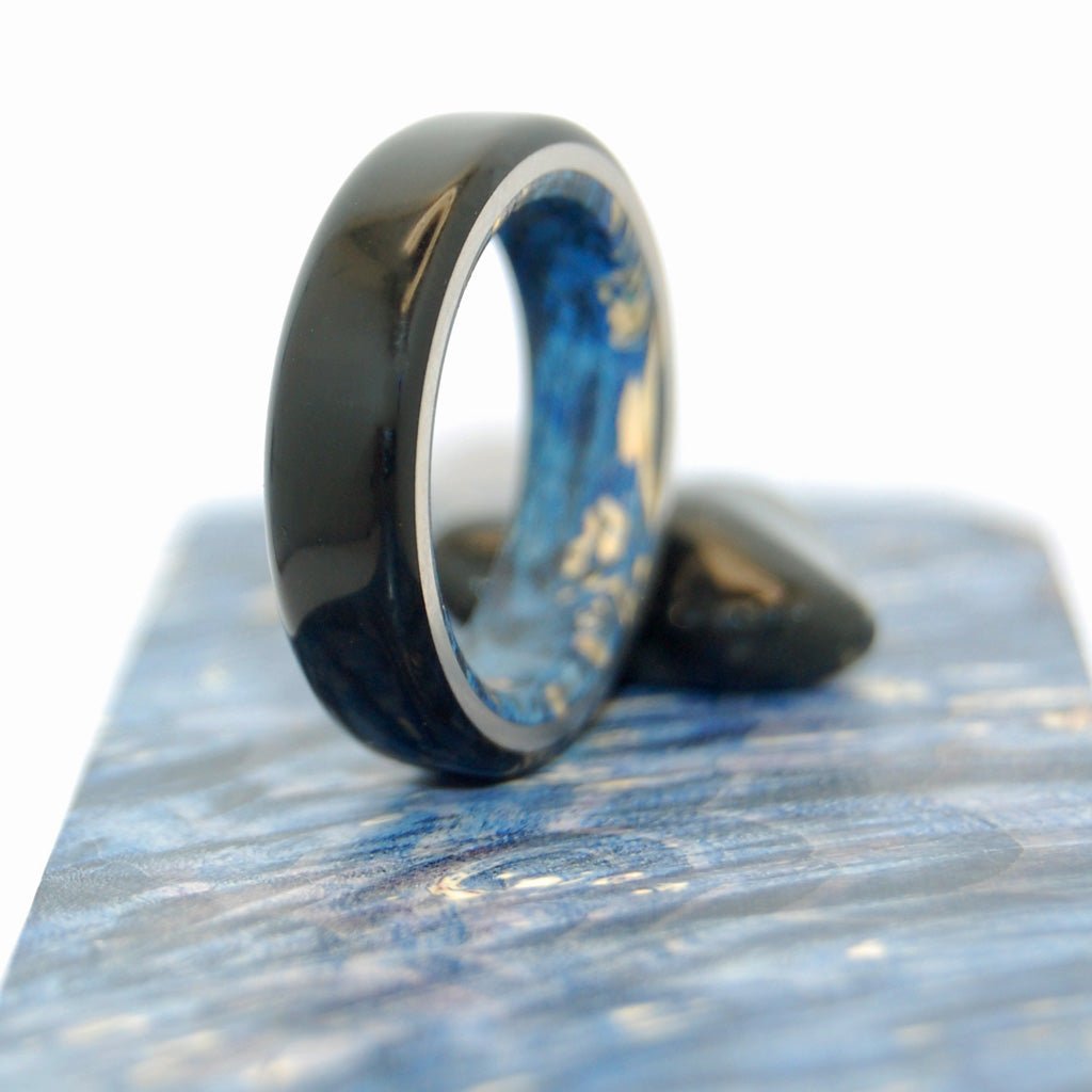 Best Love | Men's Black Onyx, Blue Box Elder Wood & Titanium Wedding Ring - Minter and Richter Designs