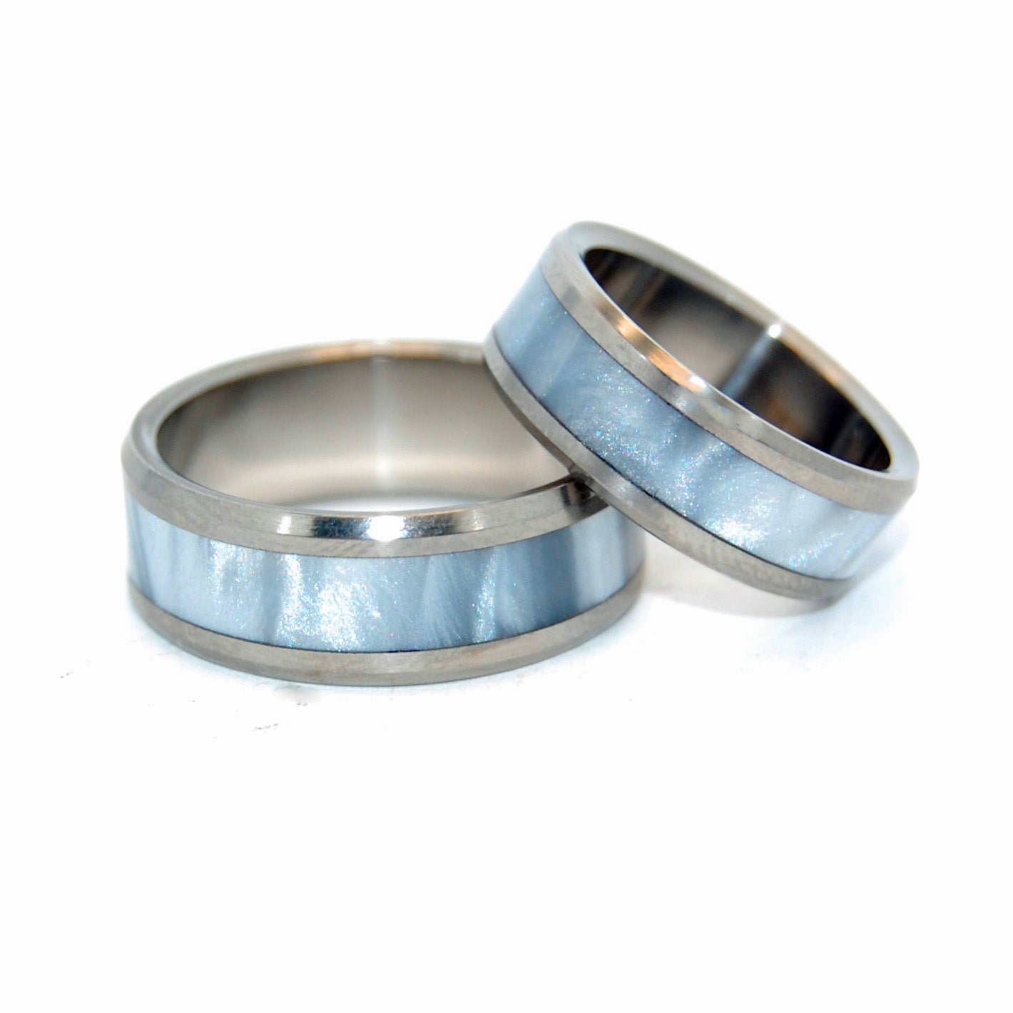 Beveled Astaire | Gray Pearl Marbled Opalescent Resin & Titanium Custom Wedding Ring Set - Minter and Richter Designs