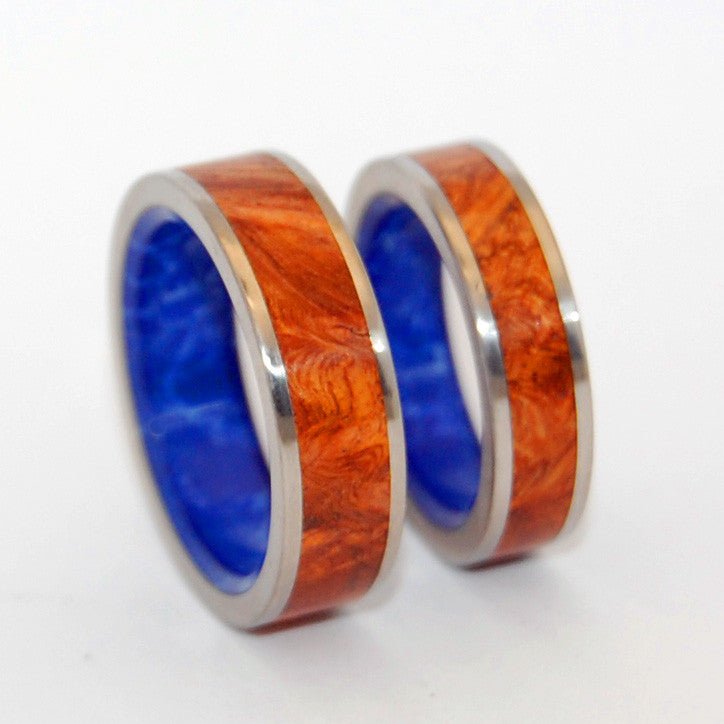 Blue Conifer | Sodalite Stone & Amboyna Burl Wood - His & Hers Wedding Band Set - Wooden Wedding Ring - Minter and Richter Designs