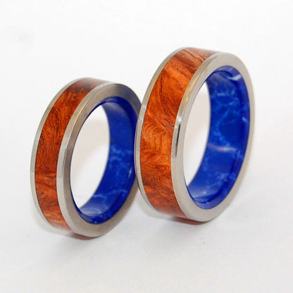 Blue Conifer | Sodalite Stone & Amboyna Burl Wood - His & Hers Wedding Band Set - Wooden Wedding Ring - Minter and Richter Designs