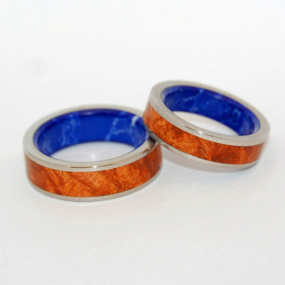 Blue Conifer | Sodalite Stone & Amboyna Burl Wood - His & Hers Wedding Band Set - Wooden Wedding Ring - Minter and Richter Designs