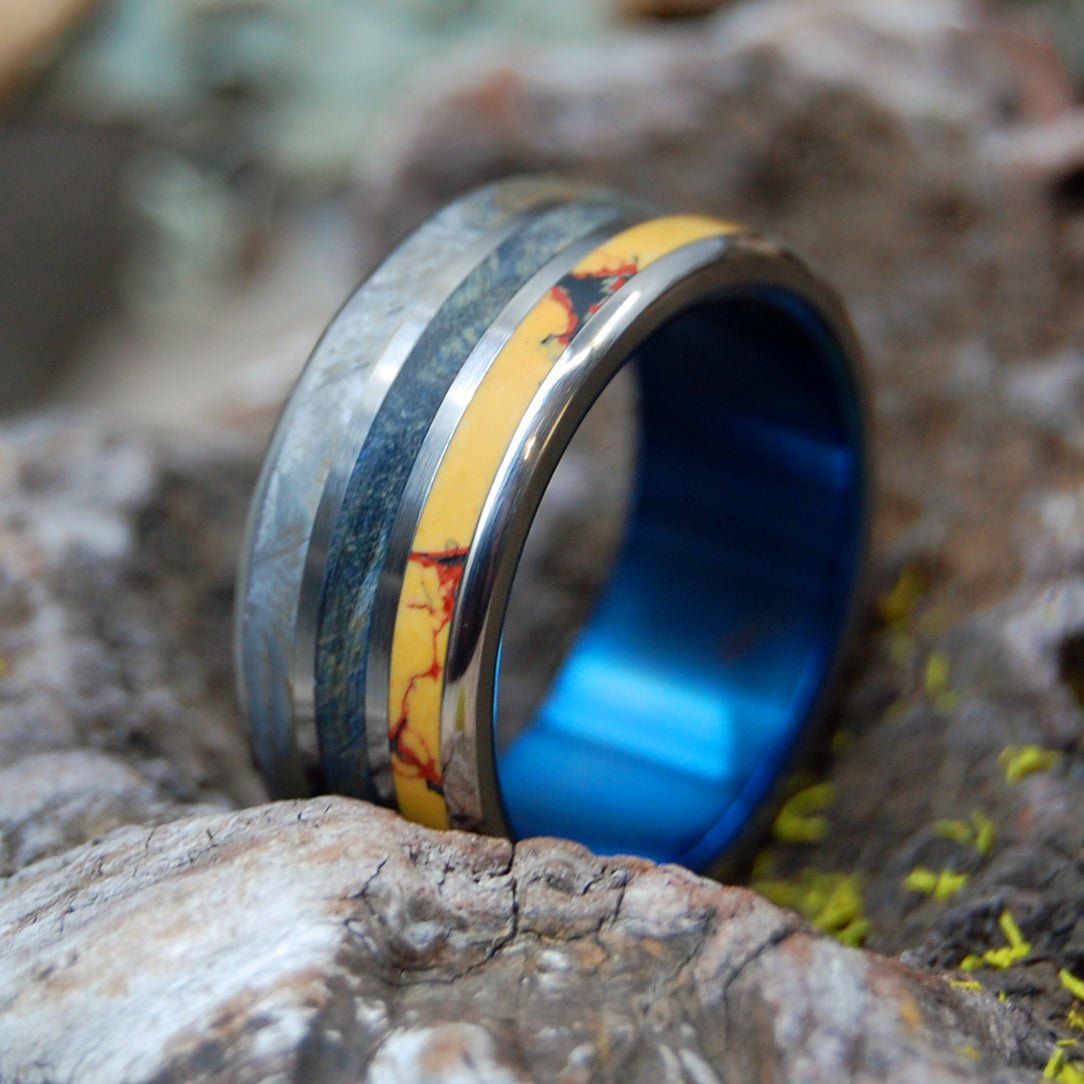 Blue Dino Killer | Men's Dinosaur Bone, Meteorite, & Blue Box Elder Wood & Titanium Wedding Ring - Minter and Richter Designs