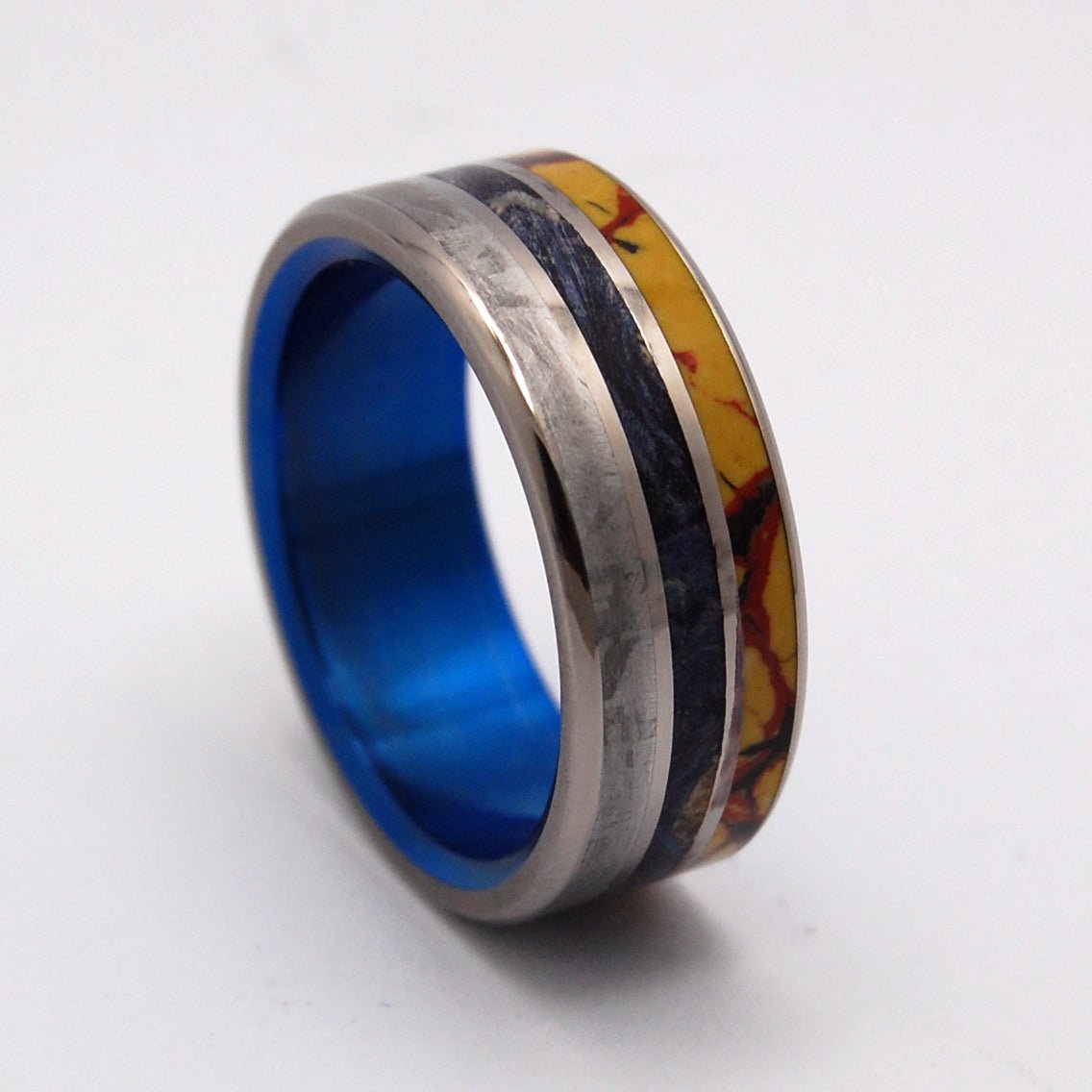 Blue Dino Killer | Men's Dinosaur Bone, Meteorite, & Blue Box Elder Wood & Titanium Wedding Ring - Minter and Richter Designs