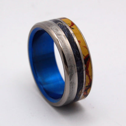 Blue Dino Killer | Men's Dinosaur Bone, Meteorite, & Blue Box Elder Wood & Titanium Wedding Ring - Minter and Richter Designs