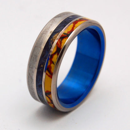 Blue Dino Killer | Men's Dinosaur Bone, Meteorite, & Blue Box Elder Wood & Titanium Wedding Ring - Minter and Richter Designs