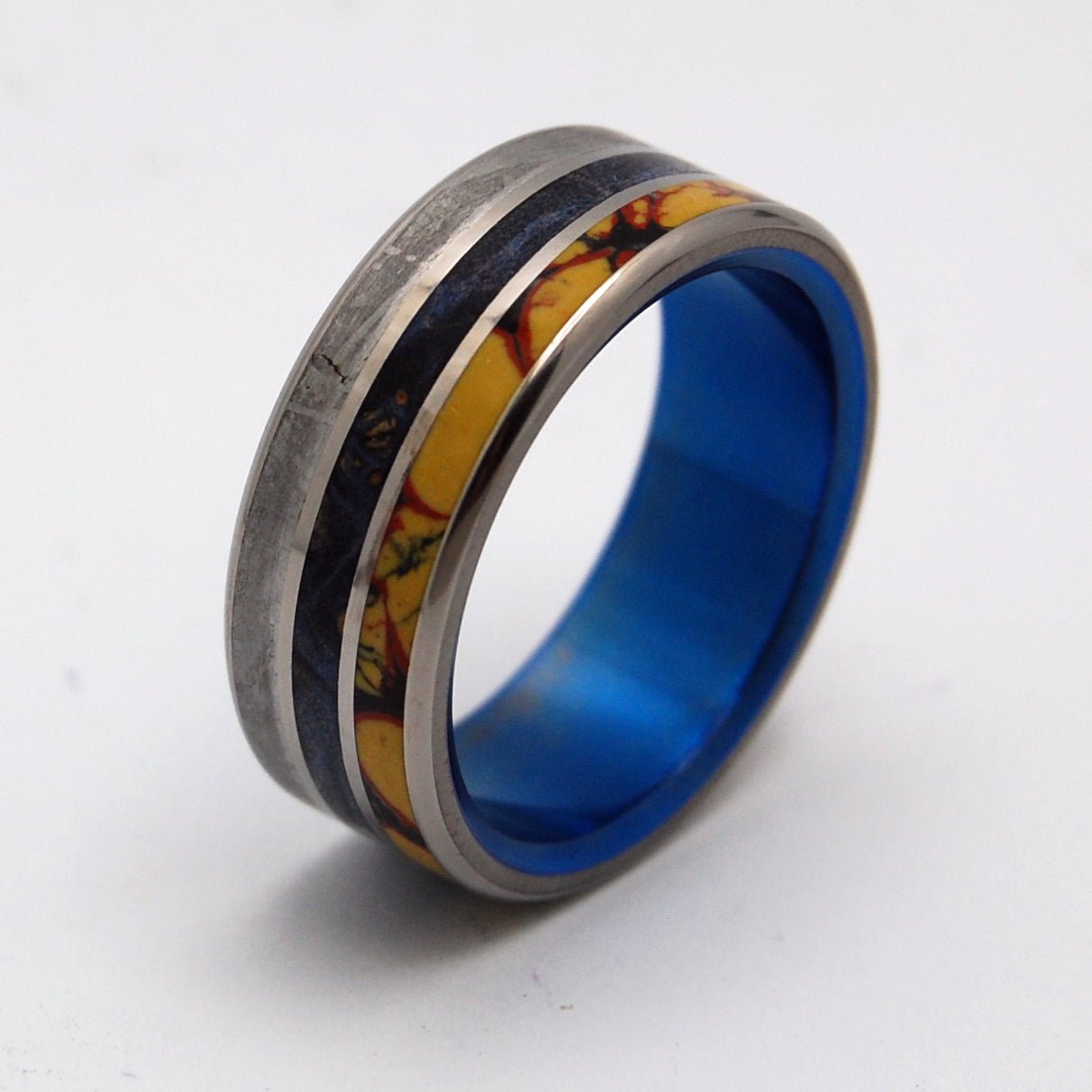 Blue Dino Killer | Men's Dinosaur Bone, Meteorite, & Blue Box Elder Wood & Titanium Wedding Ring - Minter and Richter Designs