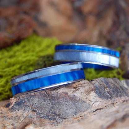 Blue Fog | Blue And Gray Marbled Opalescent Resin - Titanium Wedding Ring - Black Ring Set - Minter and Richter Designs