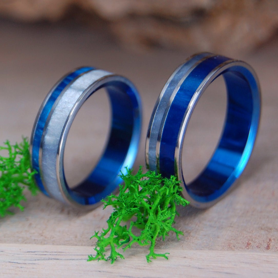 Blue Fog | Blue And Gray Marbled Opalescent Resin - Titanium Wedding Ring - Black Ring Set - Minter and Richter Designs