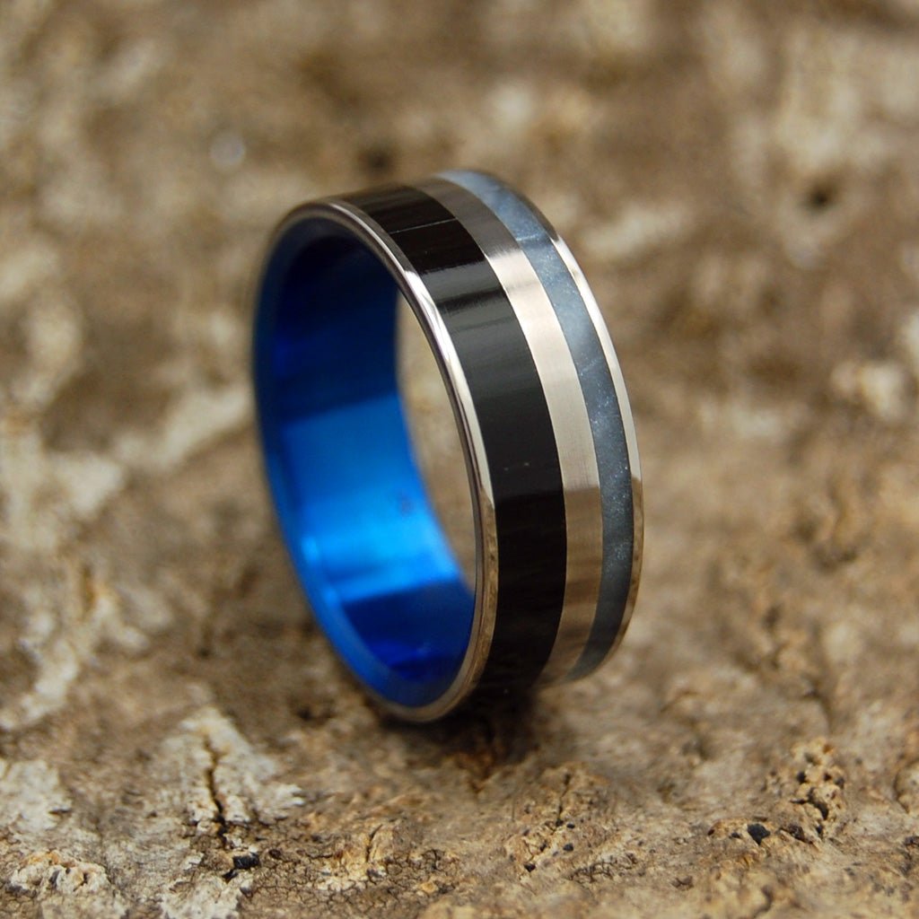 Blue Fortress | Men's Onyx Stone, Gray Pearl, & Titanium Wedding Ring - Minter and Richter Designs