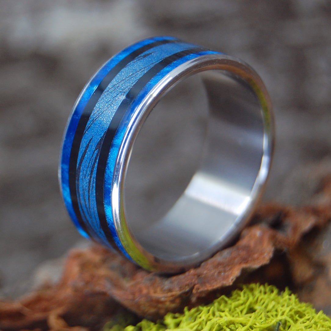 Blue Horizon | Men's Mokume Gane, Onyx Stone, & Blue Marbled Opal Wedding Ring - Minter and Richter Designs