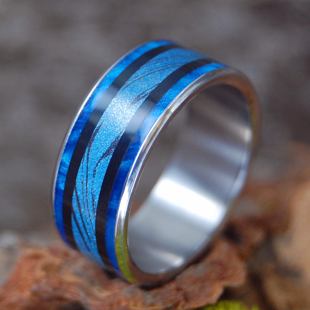 Blue Horizon | Men's Mokume Gane, Onyx Stone, & Blue Marbled Opal Wedding Ring - Minter and Richter Designs