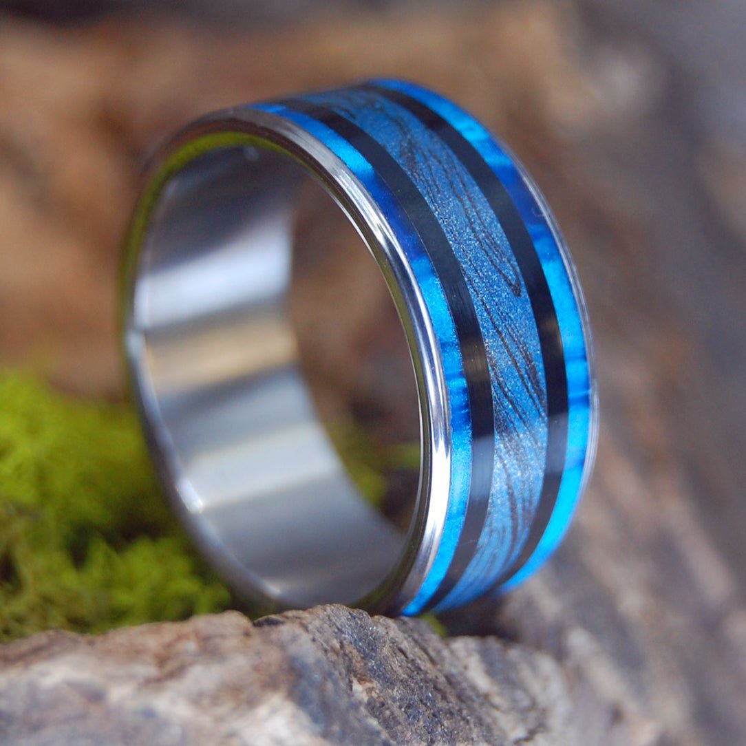 Blue Horizon | Men's Mokume Gane, Onyx Stone, & Blue Marbled Opal Wedding Ring - Minter and Richter Designs