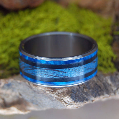 Blue Horizon | Men's Mokume Gane, Onyx Stone, & Blue Marbled Opal Wedding Ring - Minter and Richter Designs