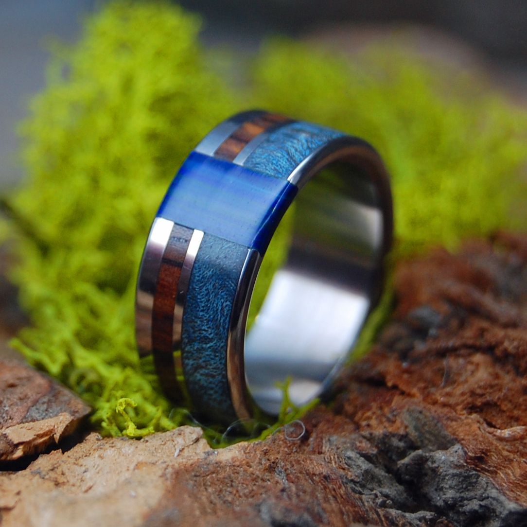 Blue Me Away | Men's Blue Box Elder Wood, Cocobolo Wood & Titanium Engagement Ring - Minter and Richter Designs