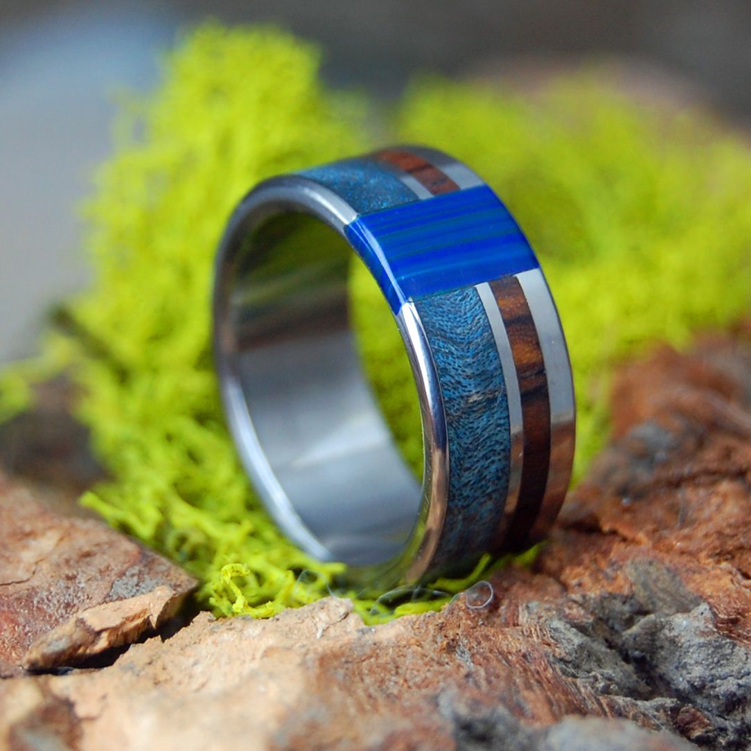 Blue Me Away | Men's Blue Box Elder Wood, Cocobolo Wood & Titanium Engagement Ring - Minter and Richter Designs