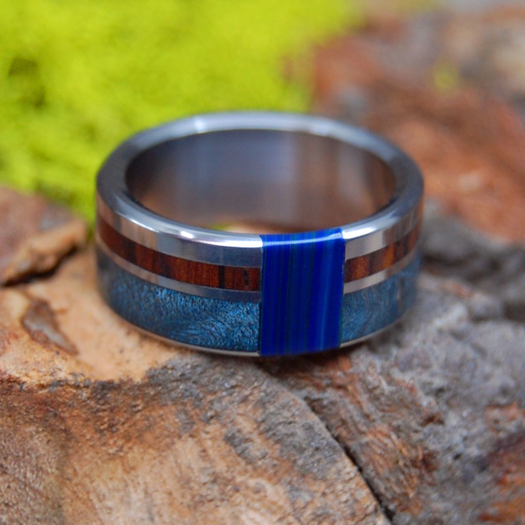 Blue Me Away | Men's Blue Box Elder Wood, Cocobolo Wood & Titanium Engagement Ring - Minter and Richter Designs