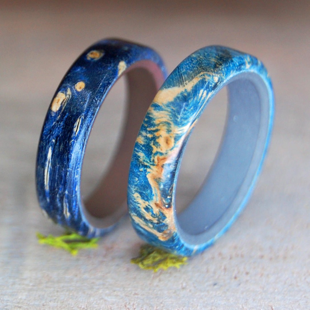 Blue Promise | Blue Box Elder Wood & Titanium - Unique Wedding Ring - Wedding Ring Set - Minter and Richter Designs