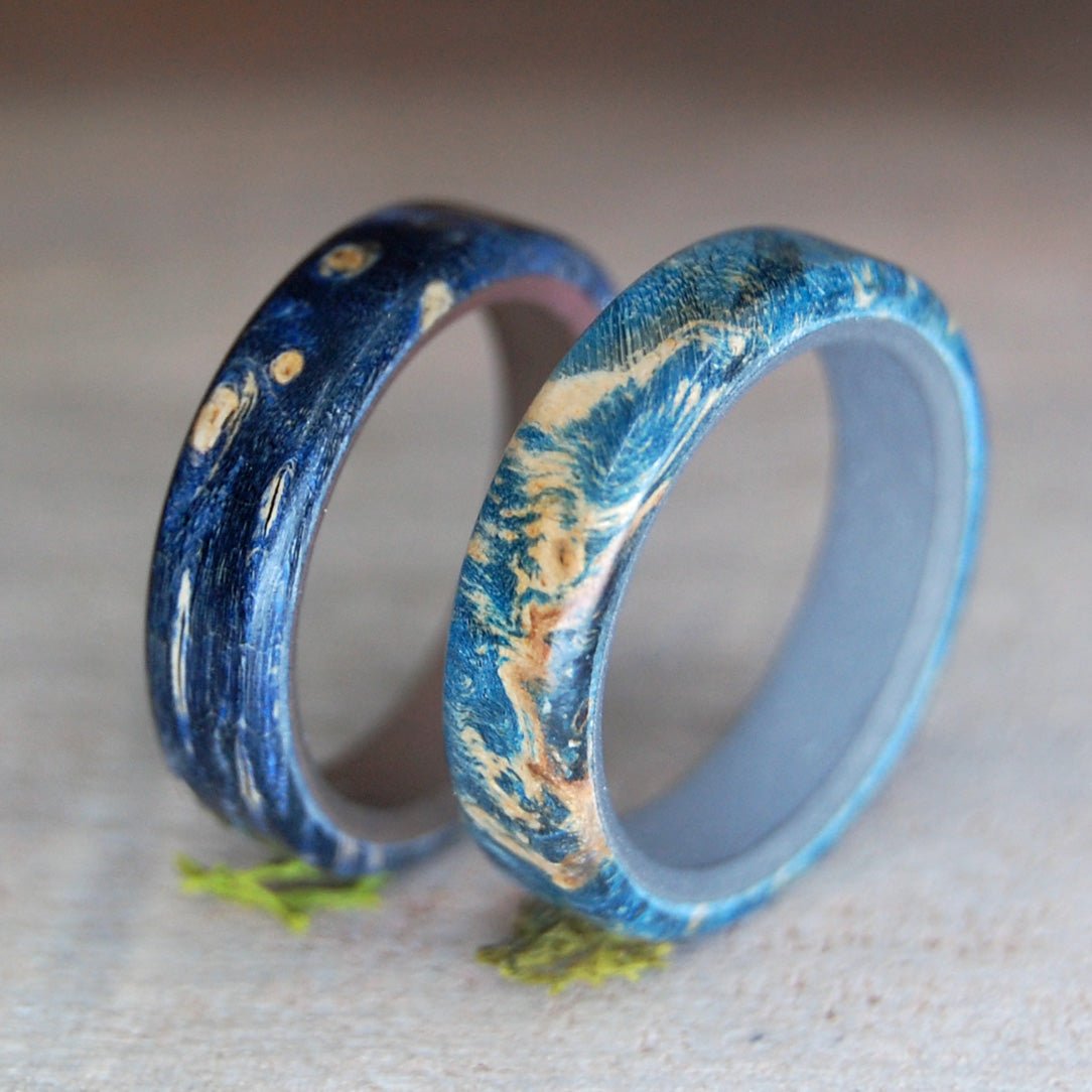 Blue Promise | Blue Box Elder Wood & Titanium - Unique Wedding Ring - Wedding Ring Set - Minter and Richter Designs