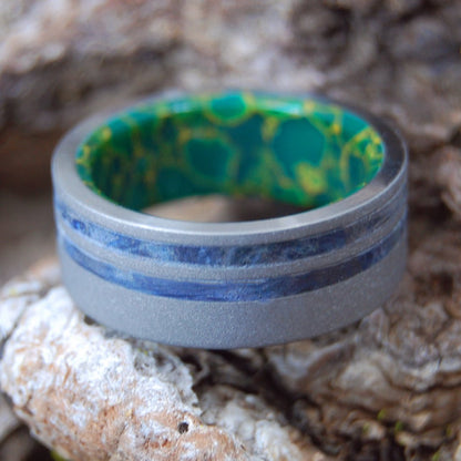 Blue River Valley | Men's Blue Elder Wood, Egyptian Jade & Titanium Wedding Ring - Minter and Richter Designs