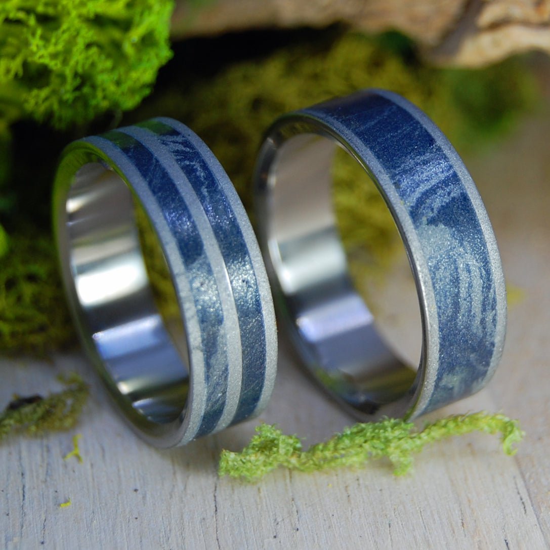 Blue Silver Love Love Double | Mokume Gane M3 & Titanium - Unique Wedding Rings - Wedding Ring Set - Minter and Richter Designs