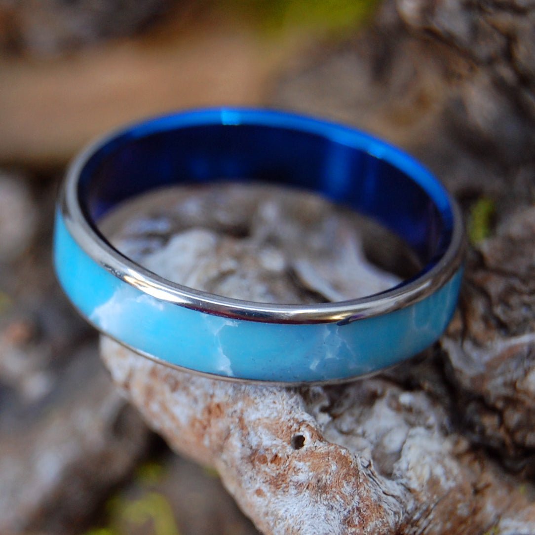 Blue Sky Wedding Day | Men's Larimar Stone & Titanium Wedding Ring - Minter and Richter Designs