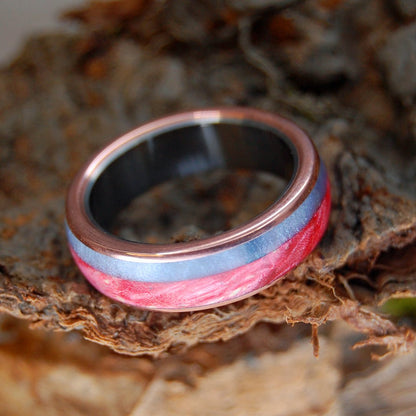 Bog At Sunset | Men's Gray Marbled Opalescent, Red Box Elder, Copper & Titanium Wedding Ring - Minter and Richter Designs