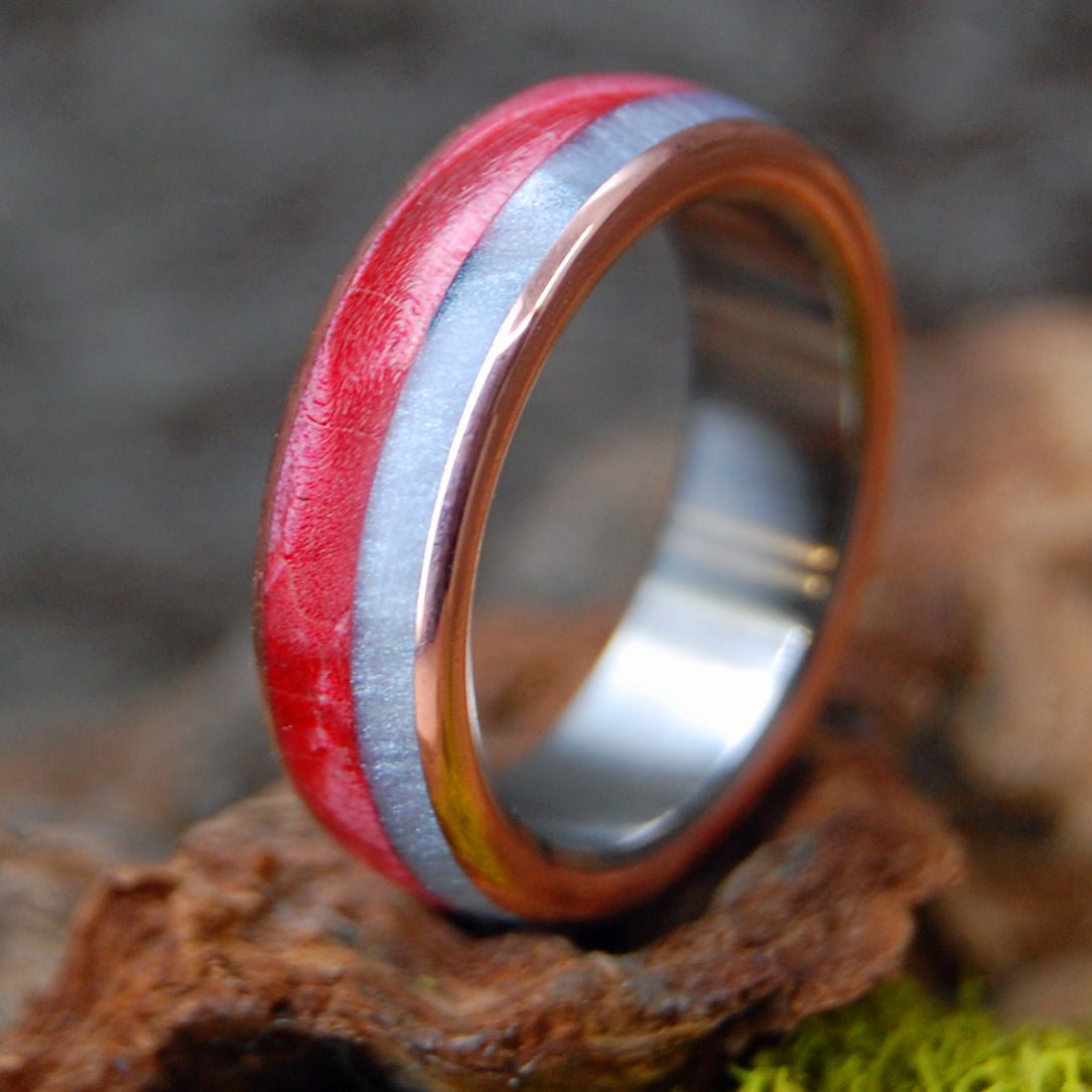 Bog At Sunset | Men's Gray Marbled Opalescent, Red Box Elder, Copper & Titanium Wedding Ring - Minter and Richter Designs